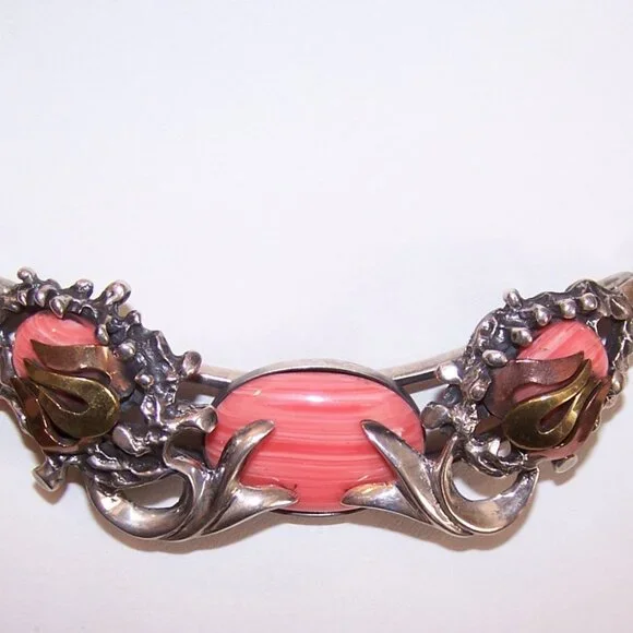 Made in Mexico Mexican 950 Silver and Pink Rhodochrosite Necklace/Clip Earrings - Picture 5 of 13